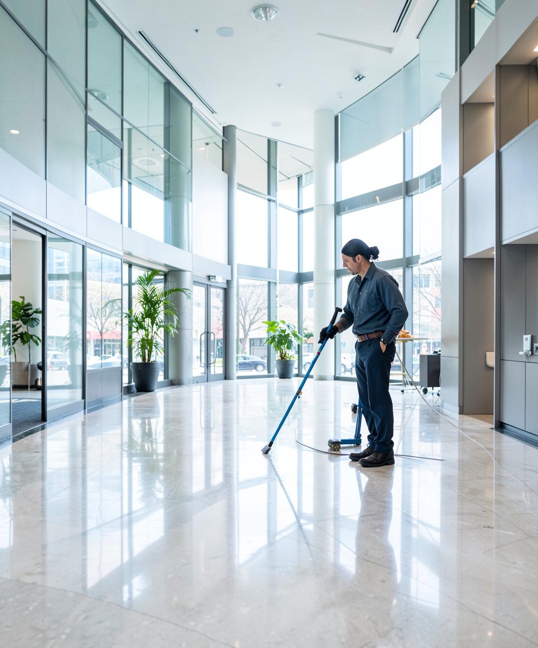 Vanguard cleaning professional maintaining a bright commercial office lobby with polished floors